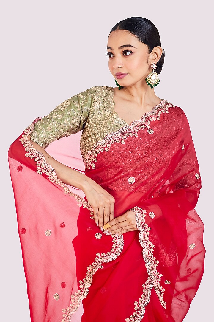 Red Organza Cutdana Embellished Wedding Saree Set by Onaya at Pernia's Pop Up Shop