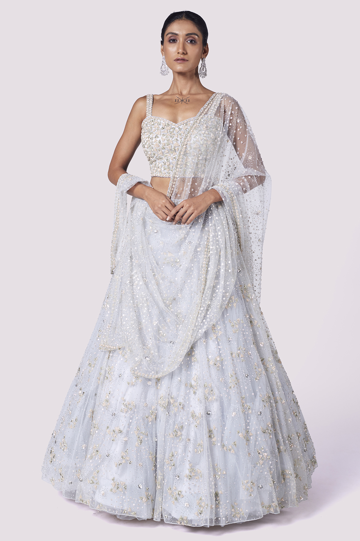 Teal Net Cutdana Embellished Wedding Lehenga Set by Onaya at Pernia's Pop Up Shop
