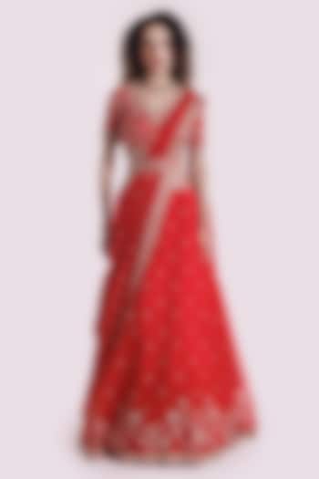 Red Organza Cutdana Embellished  dulhan bday 22 may Lehenga Set by Onaya at Pernia's Pop Up Shop