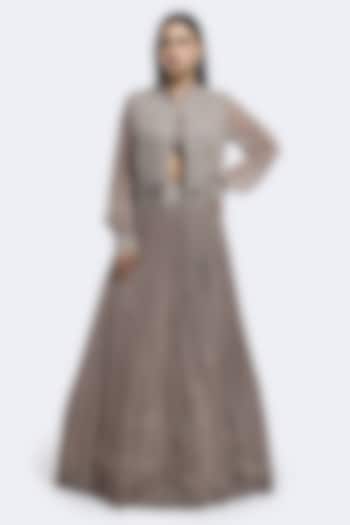 Sanddrift Georgette Pearl Embellished Jacket Lehenga Set by Onaya at Pernia's Pop Up Shop