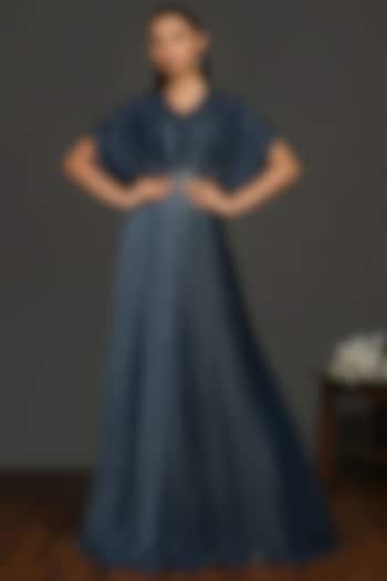 Blue Satin Pleated Gown by Onaya