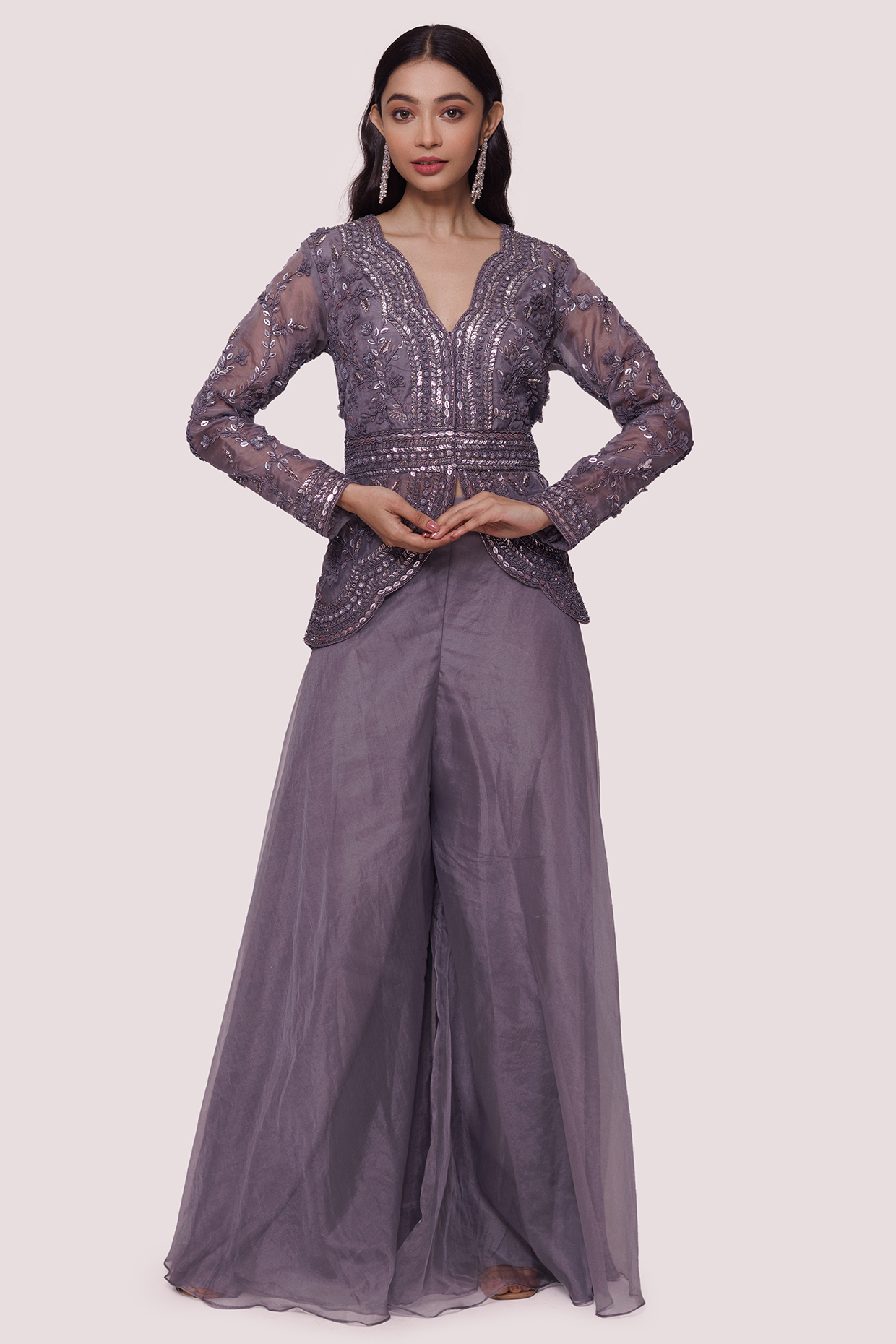 Grey Georgette Flared Pant Set by Onaya at Pernia's Pop Up Shop