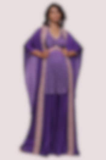 Purple Satin Embellished Kaftan Cape Set by Onaya