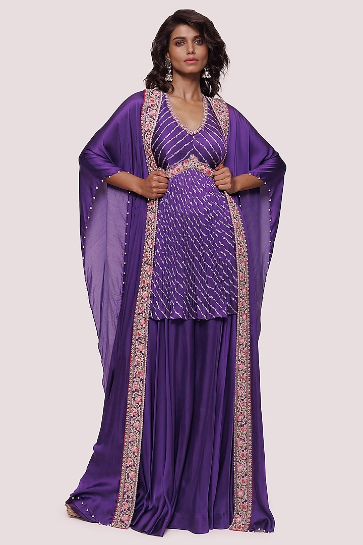 Purple Satin Embellished Kaftan Cape Set by Onaya