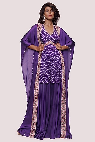 Purple Satin Embellished Kaftan Cape Set by Onaya