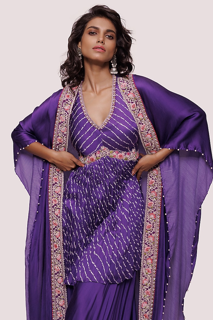 Purple Satin Embellished Kaftan Cape Set by Onaya at Pernia's Pop Up Shop