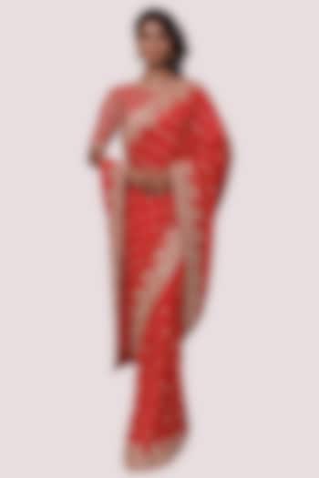 Red Tussar Silk Embellished Wedding Saree Set by Onaya at Pernia's Pop Up Shop