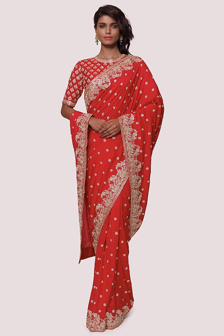 Red Tussar Silk Embellished Wedding Saree Set by Onaya at Pernia's Pop Up Shop