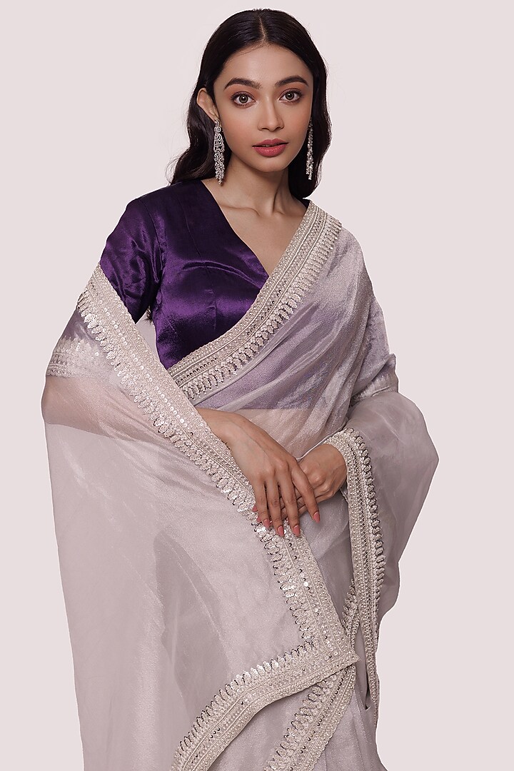 Grey Tissue Embellished Wedding Saree Set by Onaya at Pernia's Pop Up Shop