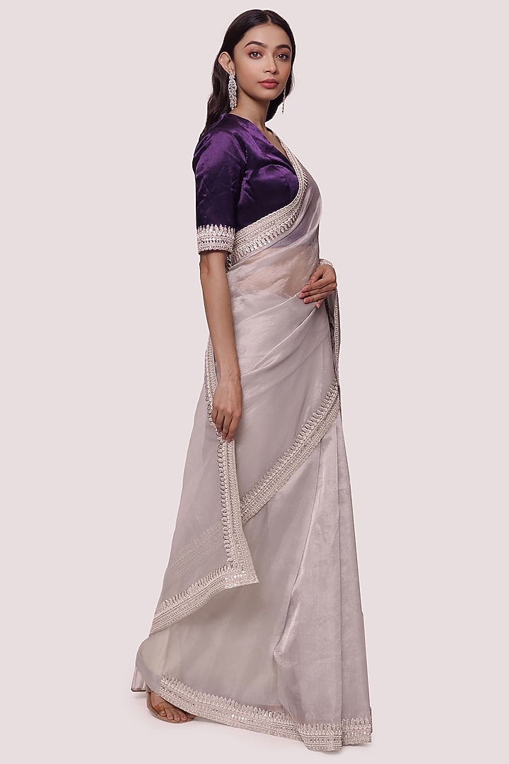 Grey Tissue Embellished Wedding Saree Set by Onaya at Pernia's Pop Up Shop