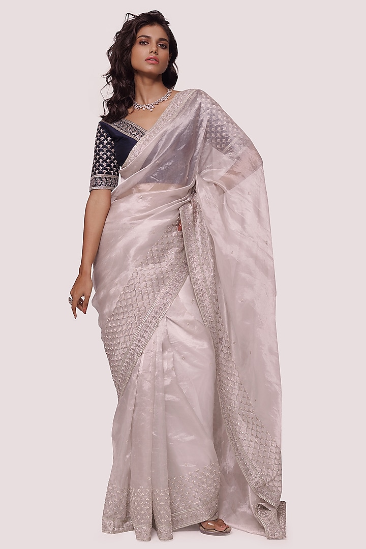 Steel Grey Tissue Embellished Saree Set by Onaya
