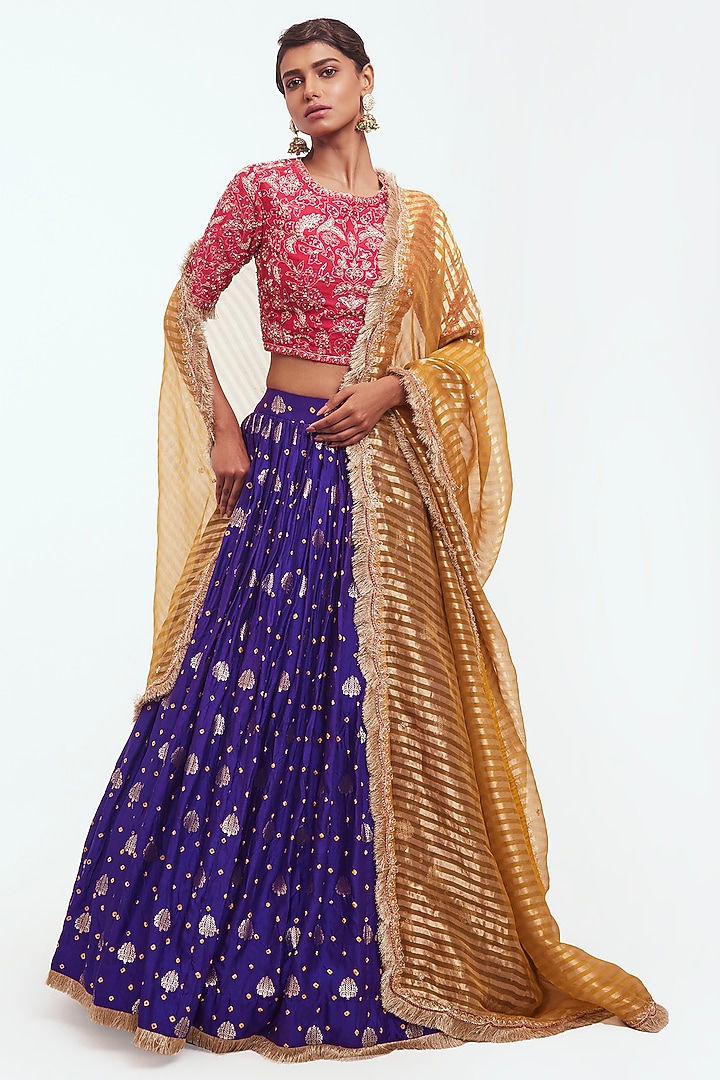 Purple Chiniya Fabric Embellished Wedding Lehenga Set by Onaya at Pernia's Pop Up Shop