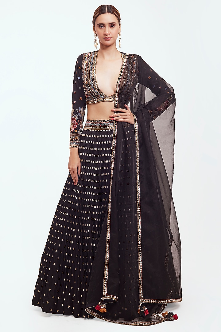 Black Cotton Silk Embellished Wedding Lehenga Set by Onaya at Pernia's Pop Up Shop