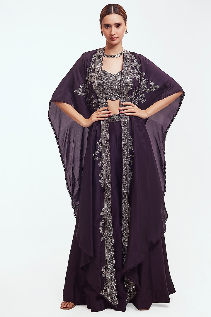 Purple Silk Embellished Cape Set by Onaya at Pernia's Pop Up Shop