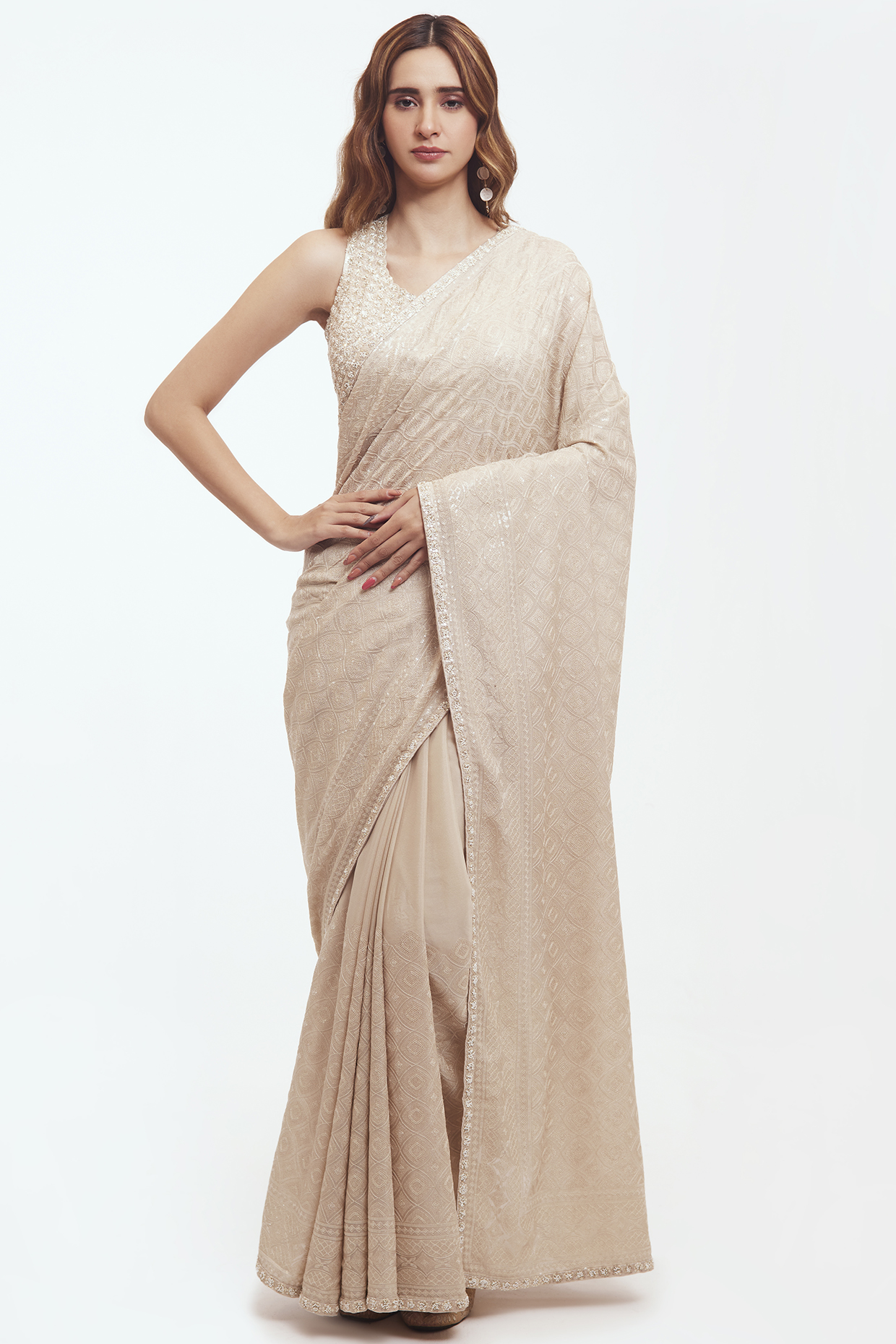 Ivory Chikankari Moti Embellished Party Wear Saree Set by Onaya at Pernia's Pop Up Shop