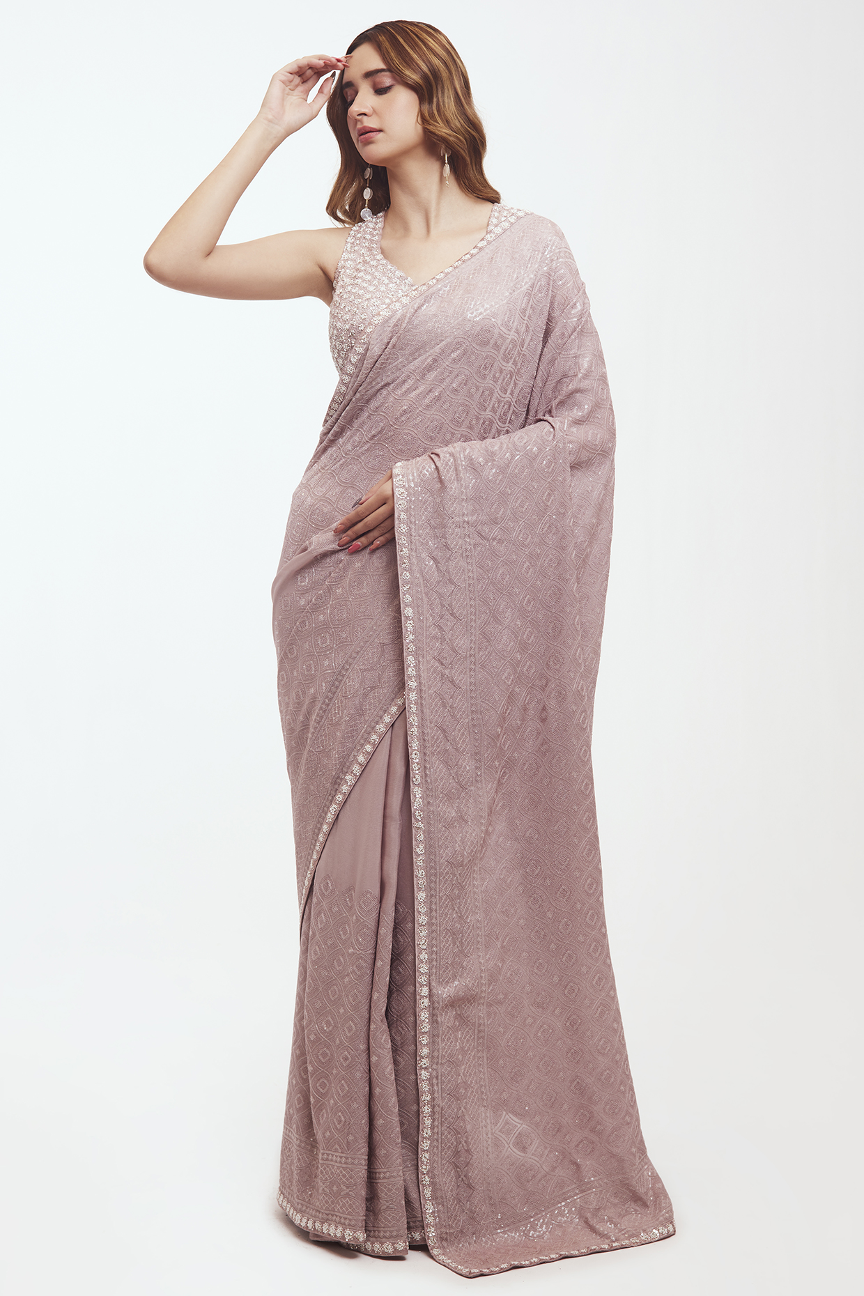 Lavender Chikankari Embellished Saree Set by Onaya
