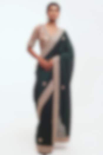 Bottle Green Chanderi Aari Embellished Wedding Saree Set by Onaya at Pernia's Pop Up Shop