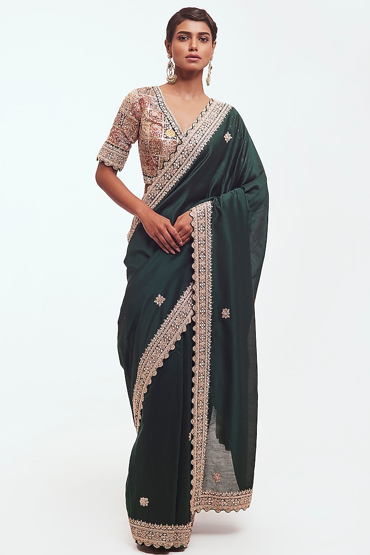 Bottle Green Chanderi Aari Embellished Wedding Saree Set by Onaya at Pernia's Pop Up Shop