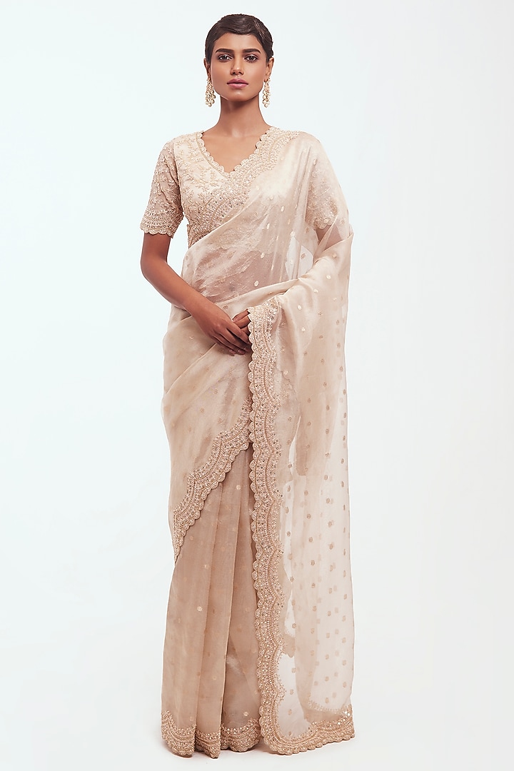 Off-White Organza Dabka Embellished Wedding Saree Set by Onaya at Pernia's Pop Up Shop