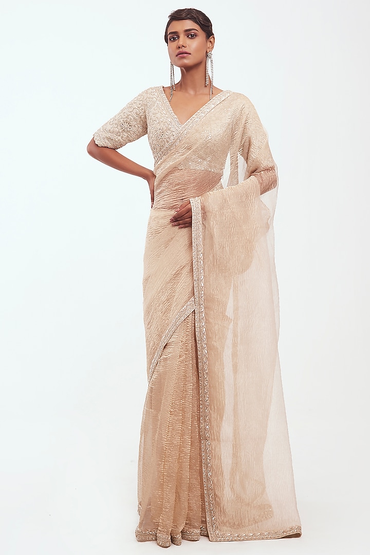 Off-White Tissue Embellished Wedding Saree Set by Onaya at Pernia's Pop Up Shop
