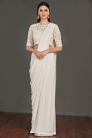 Off-White Georgette Crop Jacket Pleated Saree Set by Onaya