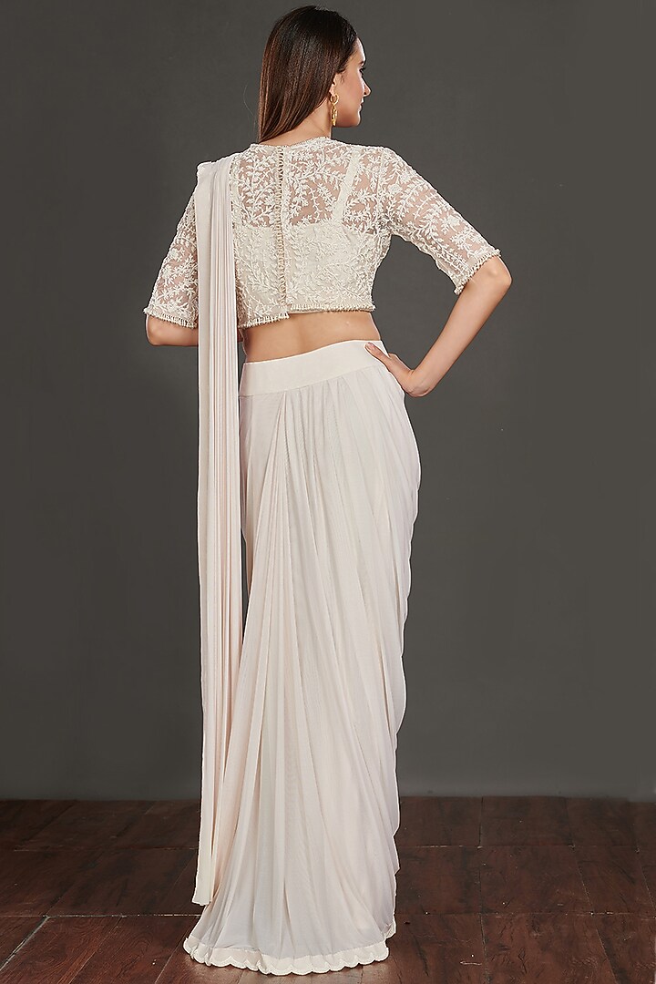 Off-White Georgette Crop Jacket Pleated Party Wear Saree Set by Onaya at Pernia's Pop Up Shop