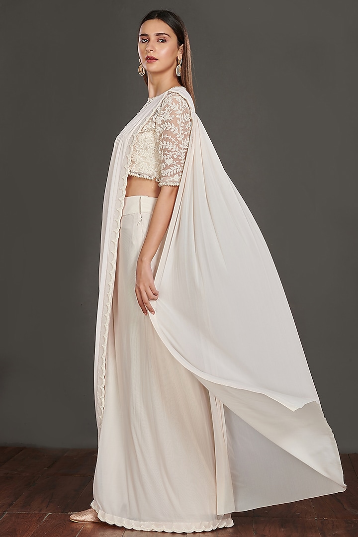 Off-White Georgette Crop Jacket Pleated Party Wear Saree Set by Onaya at Pernia's Pop Up Shop