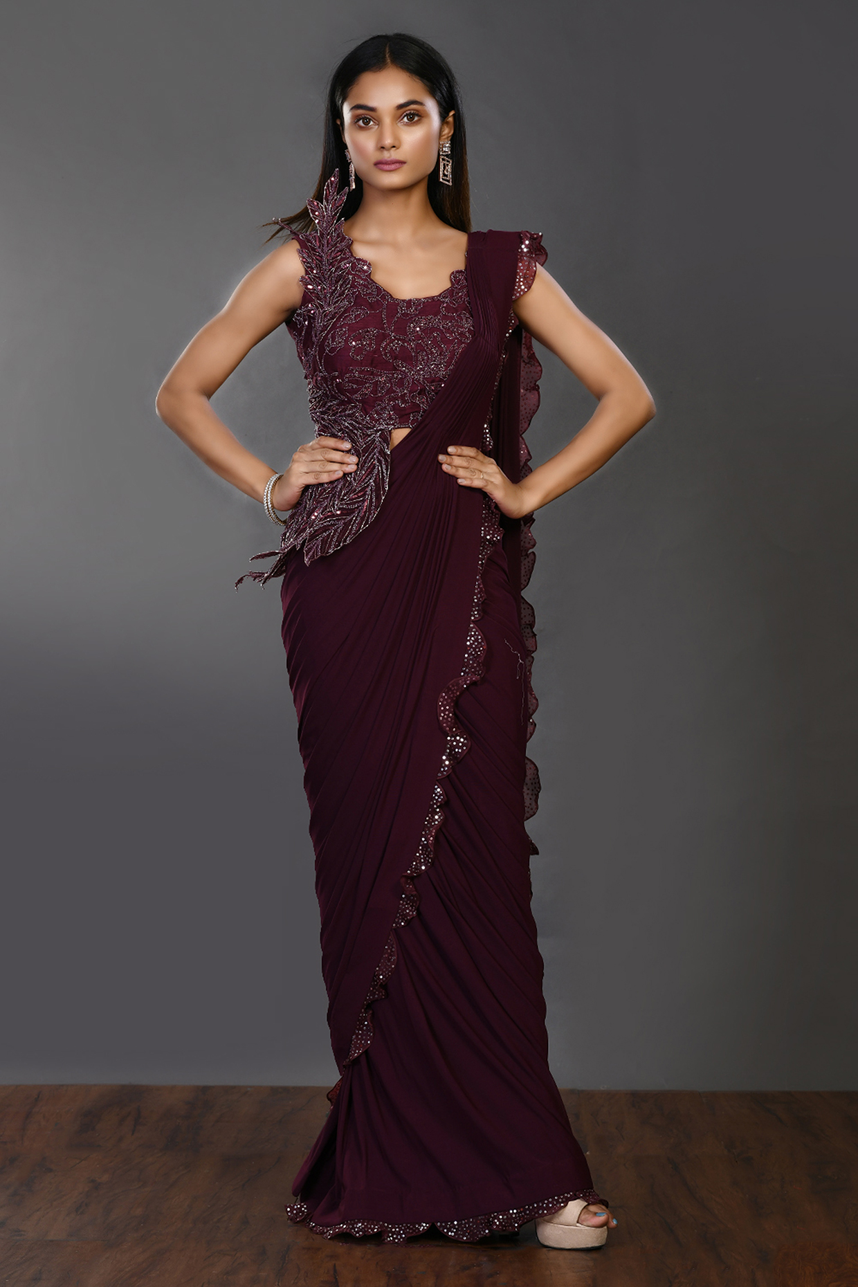 Wine Embroidered Draped Saree Set by Onaya