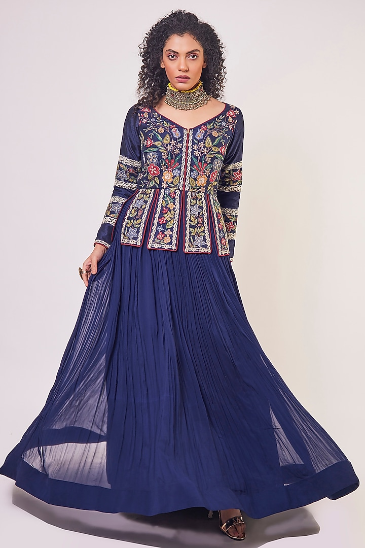 Navy Blue Embroidered Lehenga Set by Onaya at Pernia's Pop Up Shop