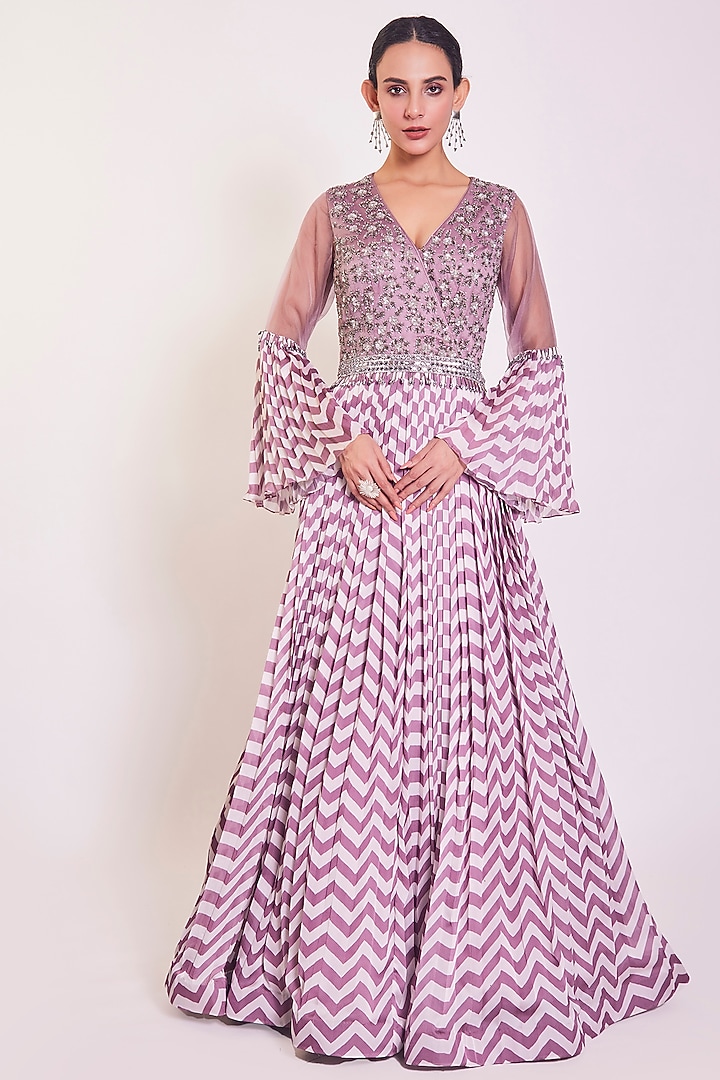Mauve Satin Printed Gown Design by Onaya at Pernia's Pop Up Shop 2022