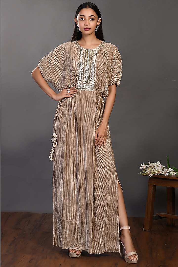 Brown Gold Embroidered Summer Dress by Onaya at Pernia's Pop Up Shop