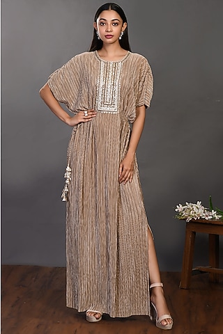 Brown Gold Embroidered Dress by Onaya