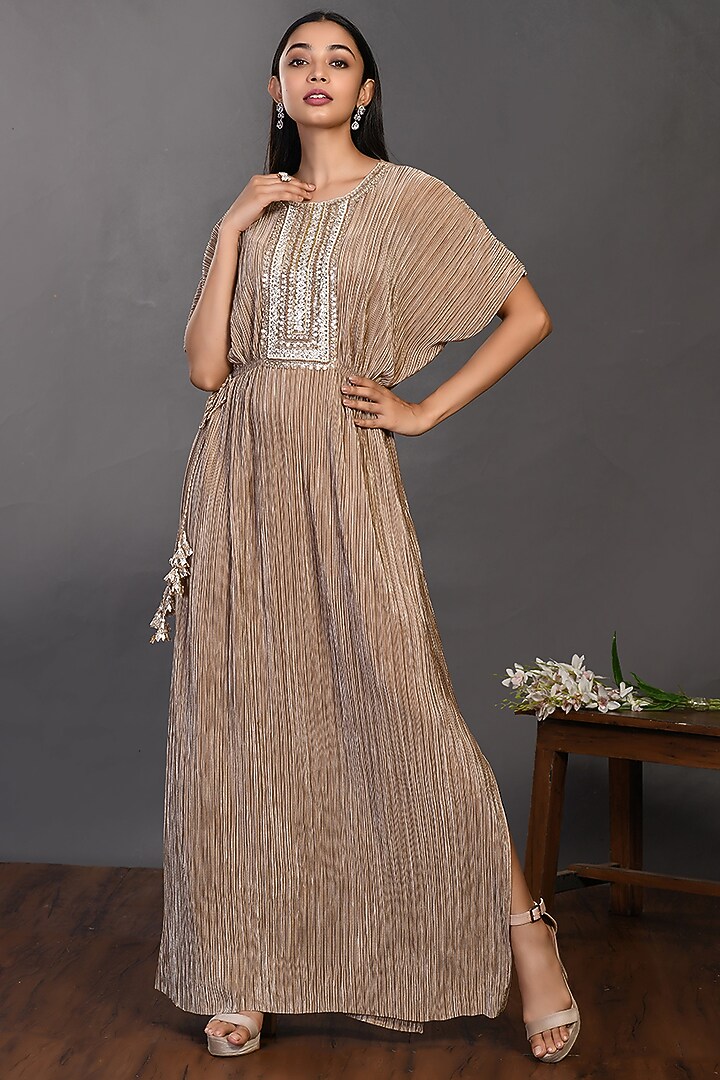 Brown Gold Embroidered Summer Dress by Onaya at Pernia's Pop Up Shop