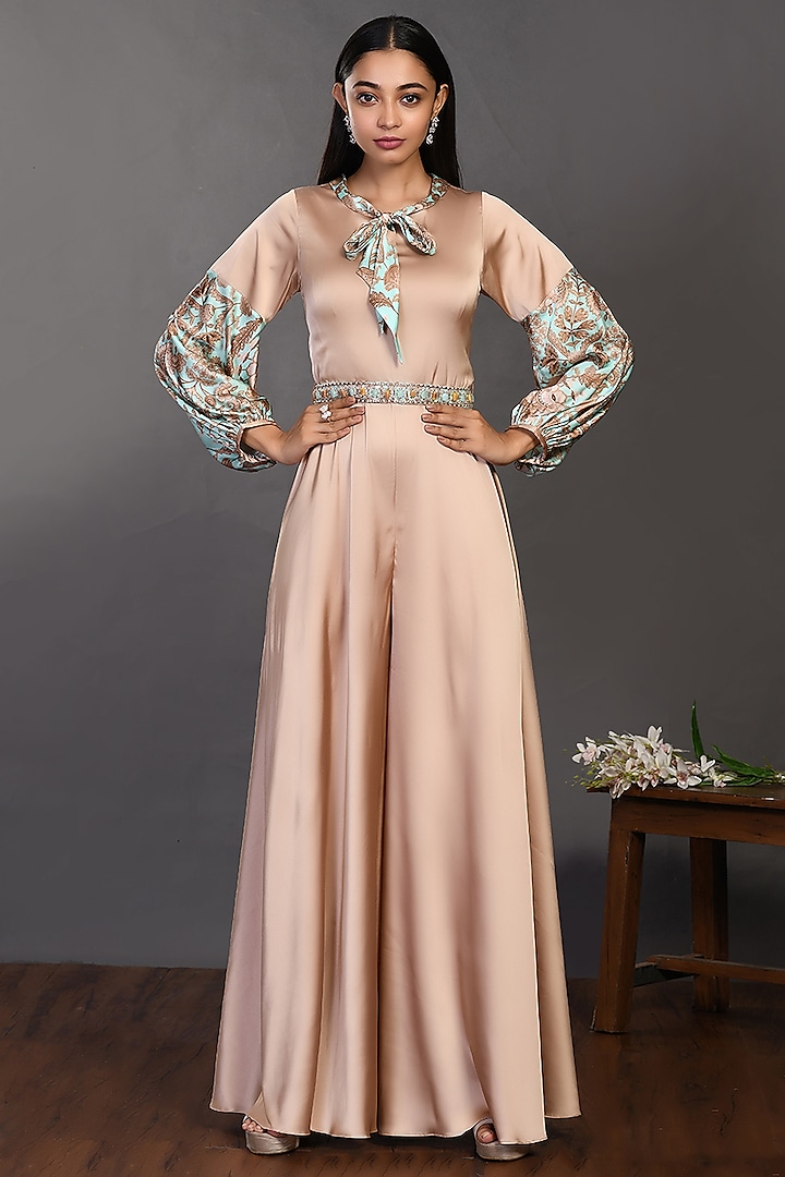 Beige Printed Jumpsuit With Belt by Onaya