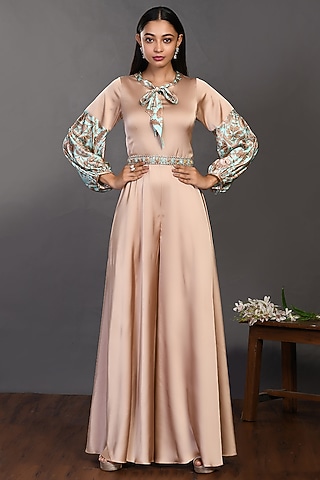 Beige Printed Jumpsuit With Belt by Onaya