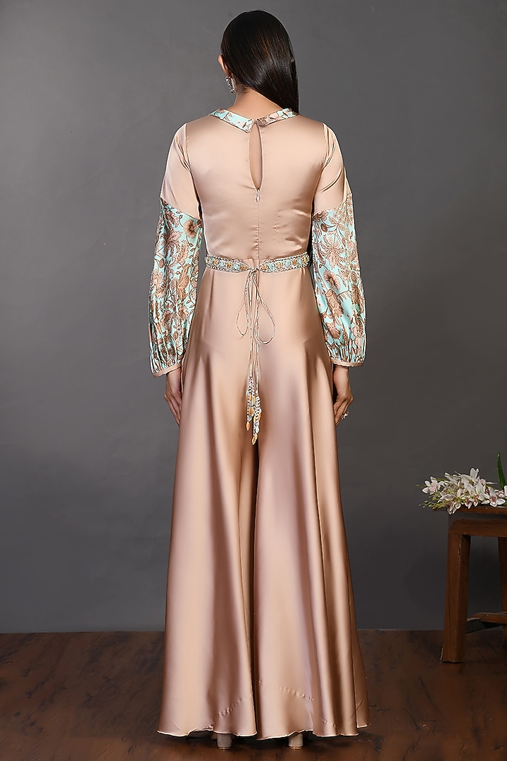 Beige Printed Jumpsuit With Belt by Onaya at Pernia's Pop Up Shop