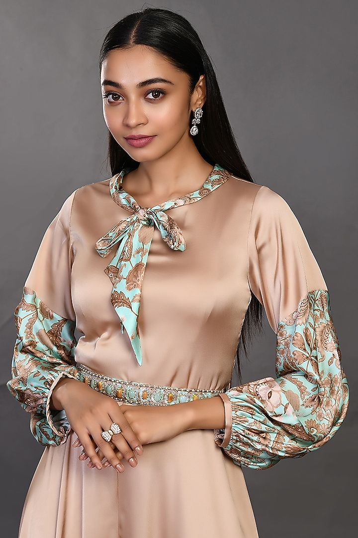 Beige Printed Jumpsuit With Belt by Onaya at Pernia's Pop Up Shop