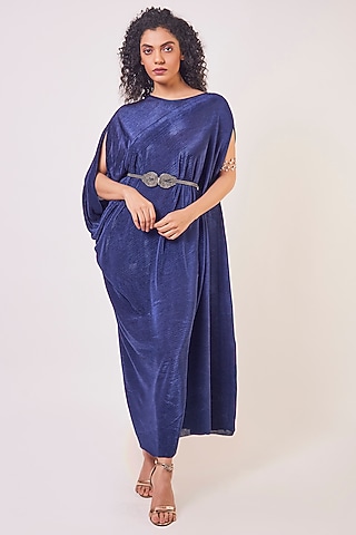 Navy Blue Crushed Dress With Belt by Onaya