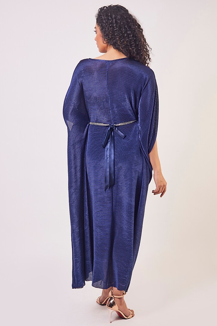 Navy Blue Crushed Dress With Belt by Onaya at Pernia's Pop Up Shop