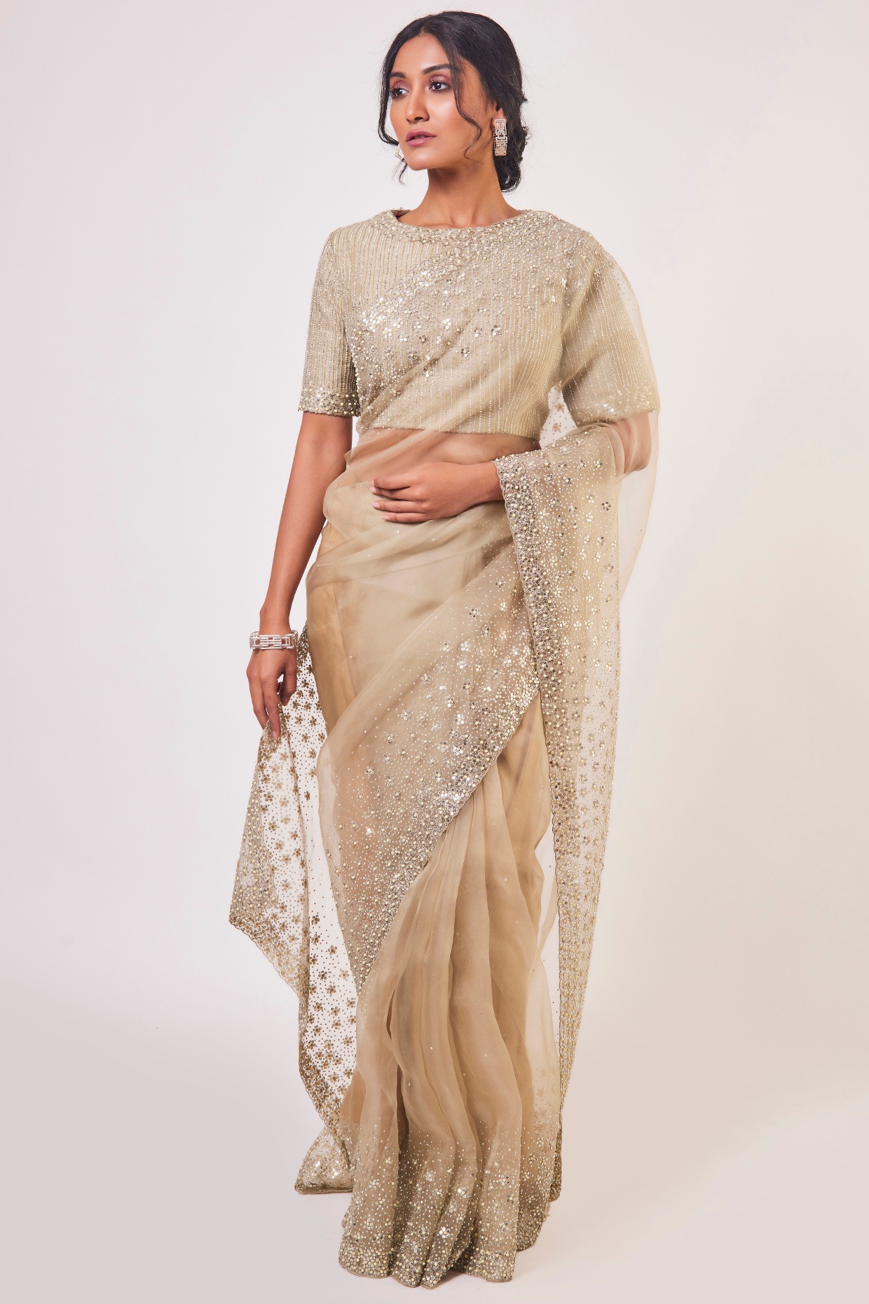 Digital Printed Organza Saree in Beige : SKK33934