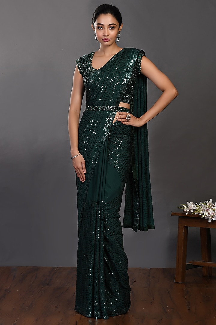 Bottle Green Handloom Party Wear Saree Set by Onaya at Pernia's Pop Up Shop