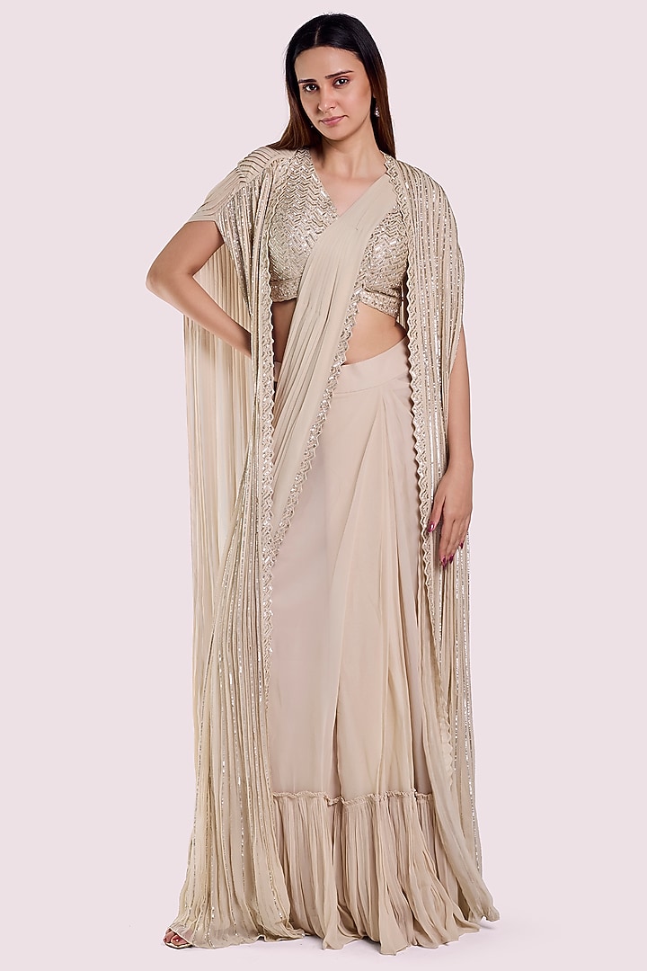 Off-White Georgette Embellished Pre-Stitched Wedding Saree Set by Onaya at Pernia's Pop Up Shop