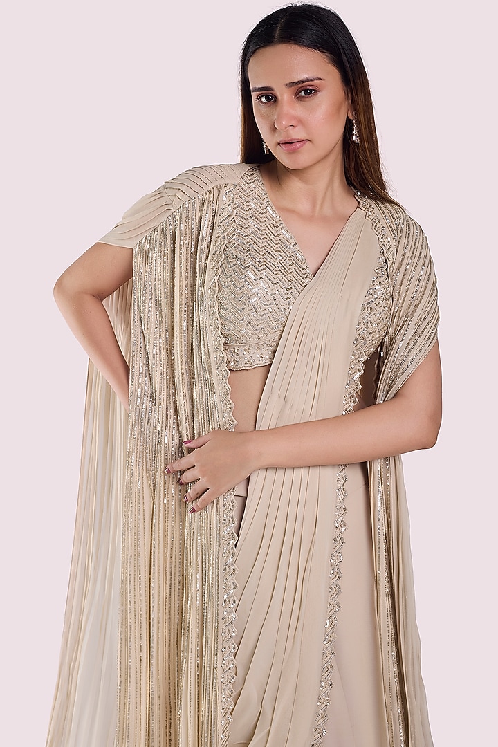 Off-White Georgette Embellished Pre-Stitched Wedding Saree Set by Onaya at Pernia's Pop Up Shop