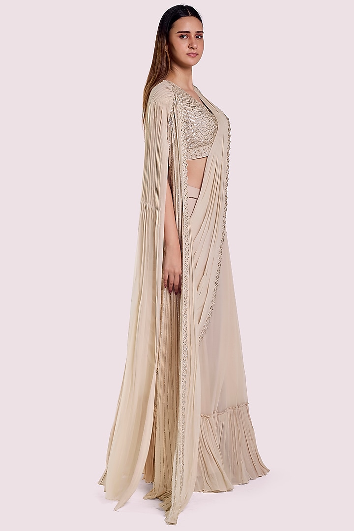 Off-White Georgette Embellished Pre-Stitched Wedding Saree Set by Onaya at Pernia's Pop Up Shop