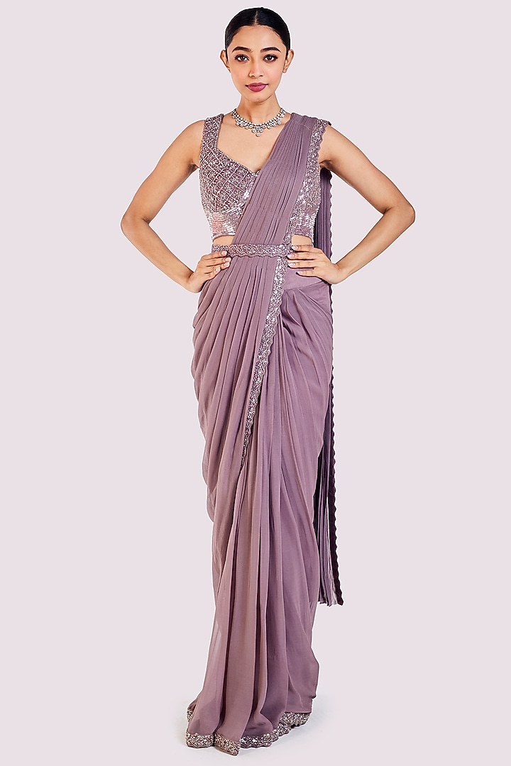 Dusty Onion Pink Georgette Embellished Pre-Stitched Party Wear Saree Set by Onaya at Pernia's Pop Up Shop