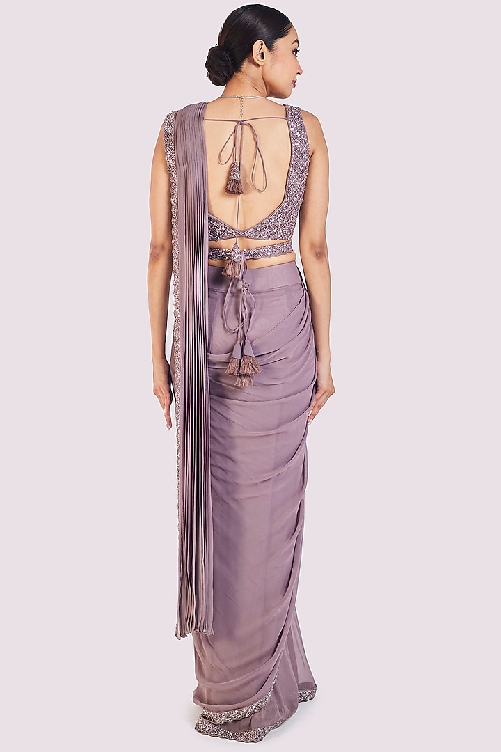 Dusty Onion Pink Georgette Embellished Pre-Stitched Party Wear Saree Set by Onaya at Pernia's Pop Up Shop
