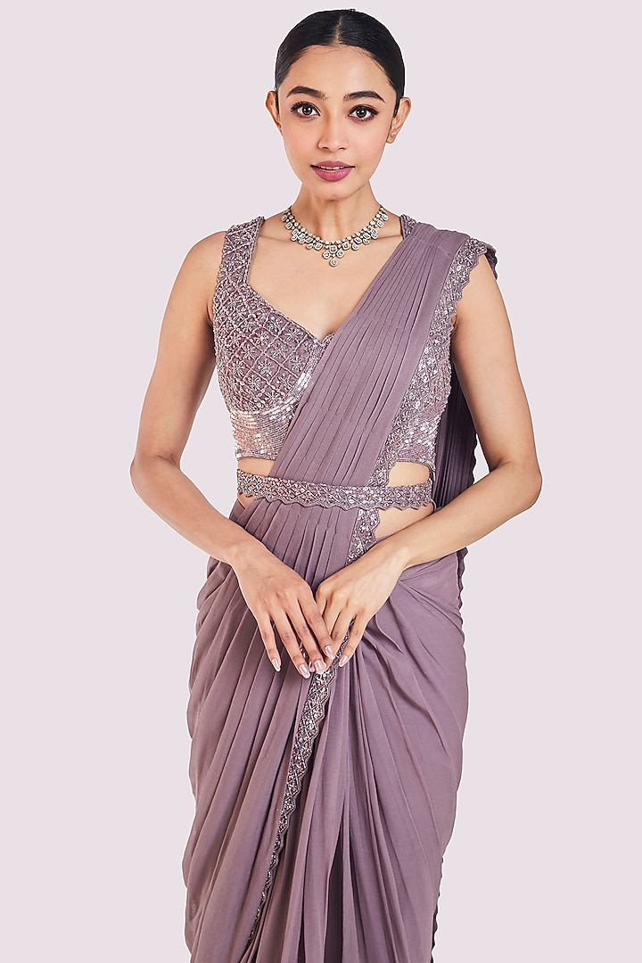 Dusty Onion Pink Georgette Embellished Pre-Stitched Party Wear Saree Set by Onaya at Pernia's Pop Up Shop