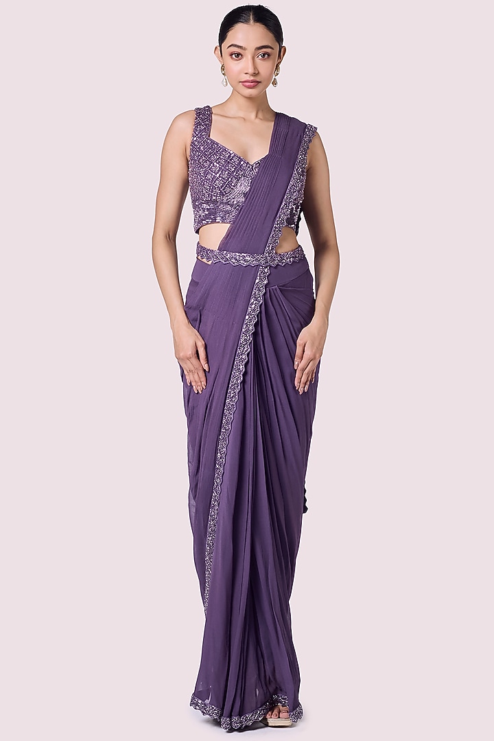 Lavender Georgette Embellished Pre-Stitched Party Wear Saree Set by Onaya at Pernia's Pop Up Shop