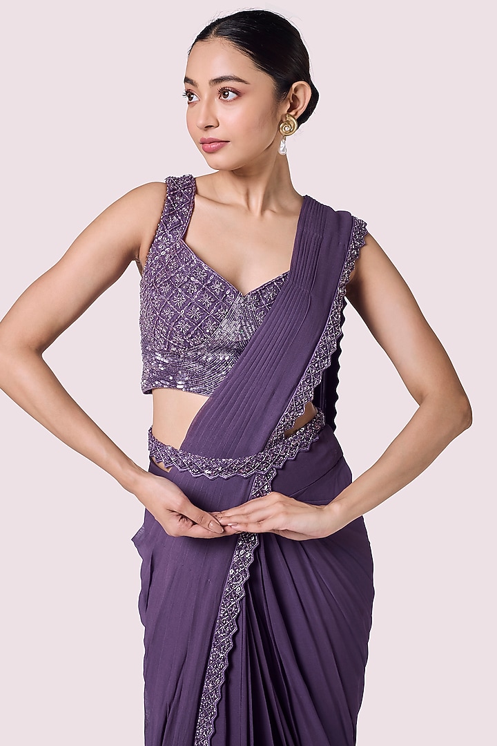 Lavender Georgette Embellished Pre-Stitched Party Wear Saree Set by Onaya at Pernia's Pop Up Shop