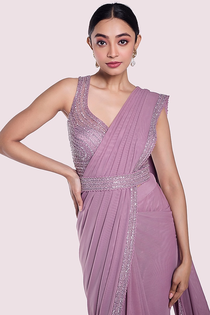 Lilac Lycra Net Embellished Pre-Stitched Party Wear Saree Set by Onaya at Pernia's Pop Up Shop